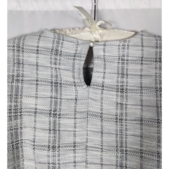 Elle Blouse Women's M White Plaid 3/4 Sleeve Mock Layer Keyhole Back Ruffle - Picture 6 of 9